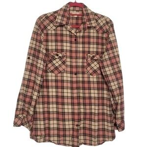 Matchstick Argus Womens L Shirt‎ Pink Blue Plaid Flannel Longline Button Up